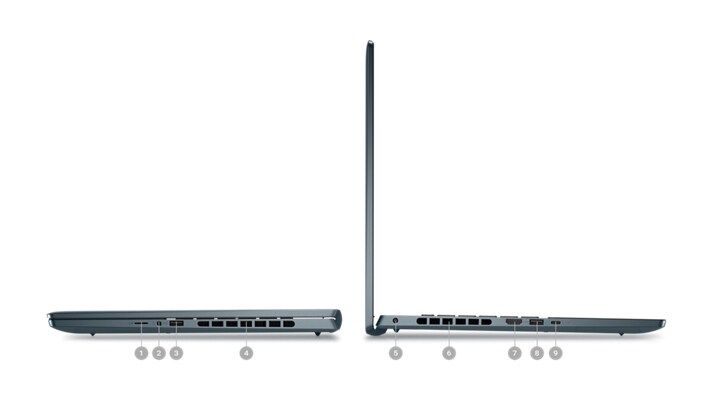 Image de deux ordinateurs portables Dell Inspiron 16 7620 vus de côté avec des numéros de 1 à 9 qui indiquent les ports du produit.