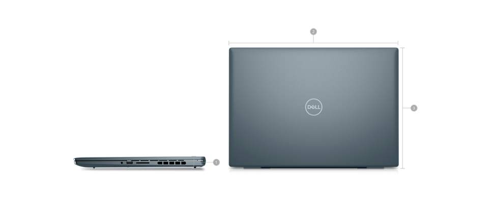Picture of Dell Inspiron 16 7620 laptops with numbers from 1 to 3 signaling product dimensions & weight.