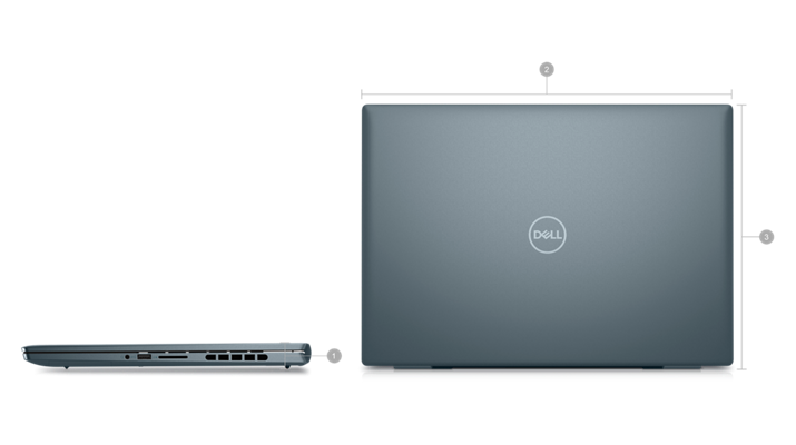 Abbildung eines Laptops vom Typ Dell Inspiron 16 7620 mit Zahlen von 1 bis 3 zur Kennzeichnung der Produktabmessungen und des Gewichts