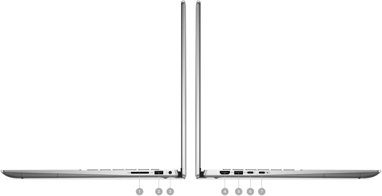 Dell Inspiron 16 7630 2-in-1 Laptop with numbers from 1 to 7 showing the product ports and slots.