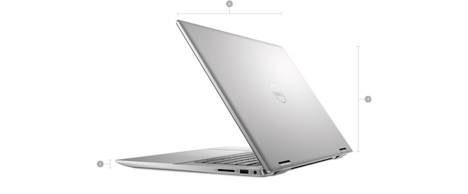 Dell Inspiron 16 7630 2-in-1 Laptop with numbers from 1 to 3 showing the product dimensions and weight.
