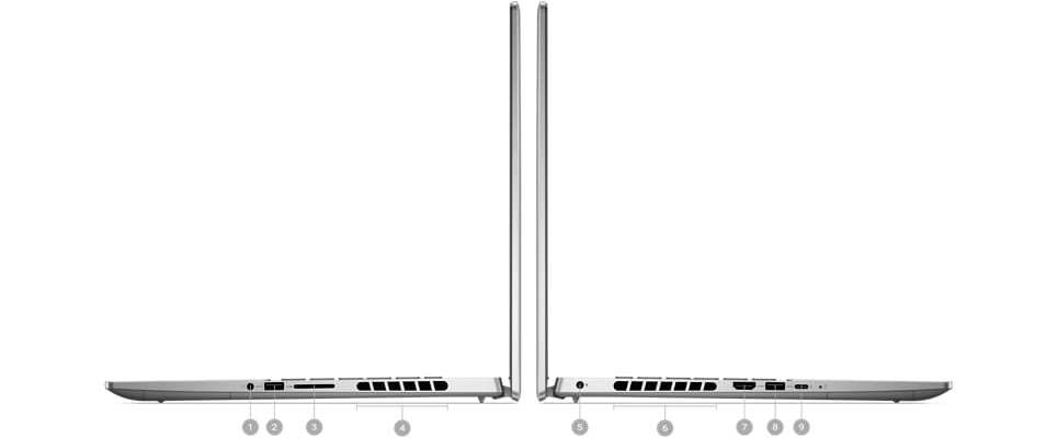 Dell Inspiron 16 7630 Laptop with numbers from 1 to 9 showing the product ports and slots.