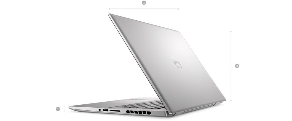 Dell Inspiron 16 7630 Laptop with numbers from 1 to 3 showing the product dimensions and weight.