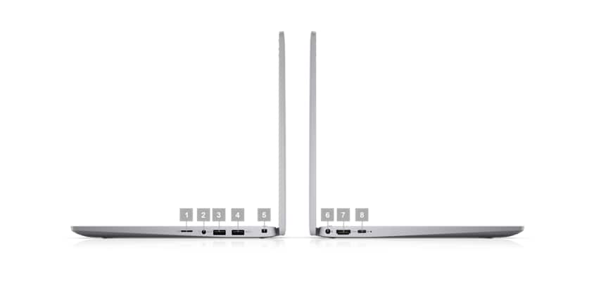 صورة لاثنين من أجهزة الكمبيوتر المحمولة التي تضم إمكانات جهازين في جهاز واحد طراز Latitude 13 3330 من Dell موضوعين على جانبيهما مع ظهور أرقام من 1 إلى 8 تشير إلى منافذ المنتج.