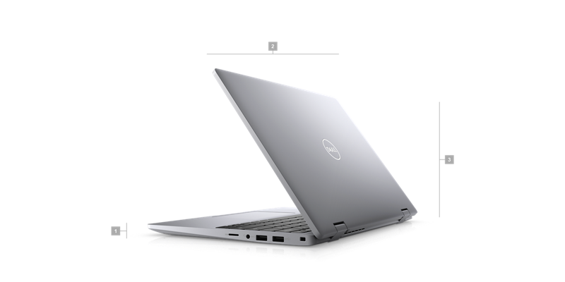 Kép egy Dell Latitude 3330, 13 hüvelykes, 2 az 1-ben laptopról, amelynek a hátulja látszik, és amelyen 1-től 3-ig terjedő számok jelzik a termék méreteit és tömegét.