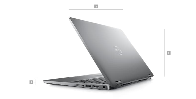 Imagen de una laptop Dell 2 en 1 con la parte posterior visible y números del 1 al 3 que indican las dimensiones y el peso del producto.