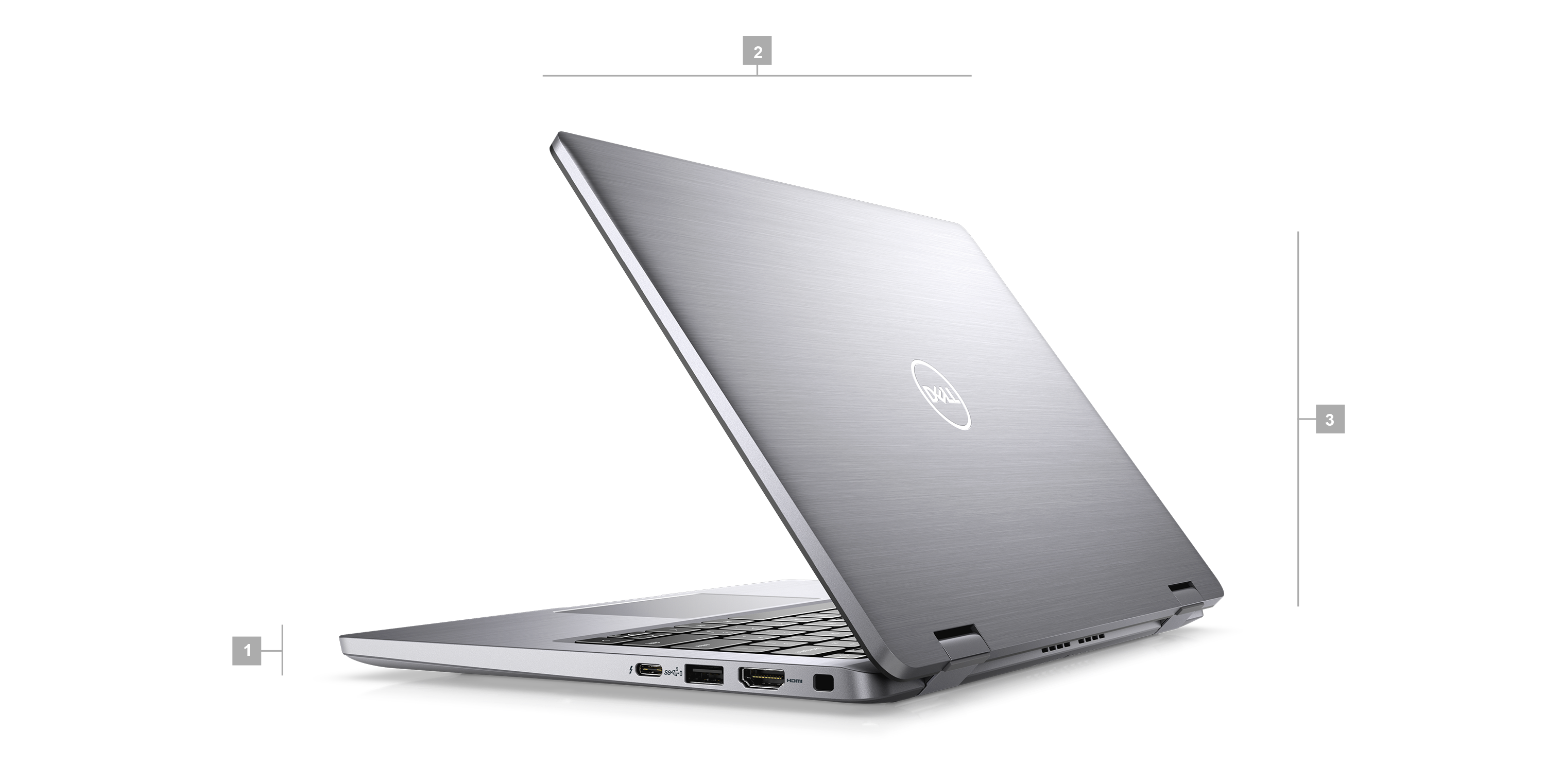 Kép egy Dell Latitude 7330, 13 hüvelykes, 2 az 1-ben laptopról, amelynek a hátulja látszik, és amelyen 1-től 3-ig terjedő számok jelzik a termék méreteit és tömegét.