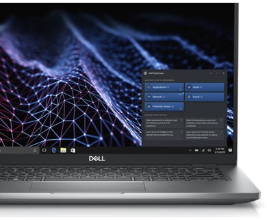 Dell Latitude 5430 筆記型電腦的圖片，螢幕畫面右側顯示 Dell Optimizer 工具。