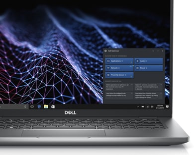 Kuva kannettavasta Dell Latitude 5430 -tietokoneesta, jonka näytön oikeassa reunassa on Dell Optimizer -työkalu.