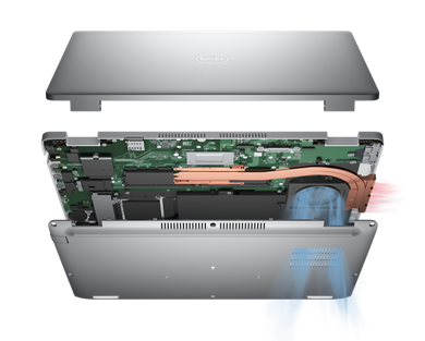 Egy szétszerelt Dell Latitude 5430 laptop képe, amelyen a termék belseje látható.