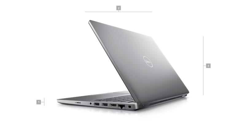 Kép egy Dell Latitude 5430 laptopról, amelynek a hátulja látszik, és amelyen 1-től 3-ig terjedő számok jelzik a termék méreteit és tömegét.
