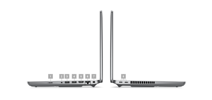 Image de profil de deux ordinateurs portables Dell Latitude 14 5431 et les chiffres 1 à 8 indiquant les ports du produit.