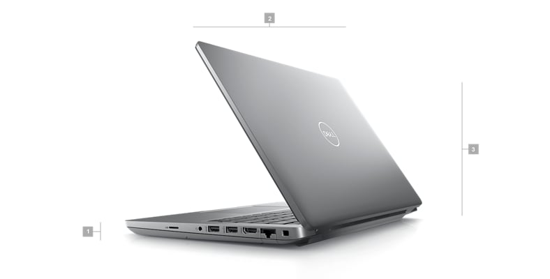 Kép egy Dell Latitude 14 5431 laptopról, amelynek a hátulja látszik, és amelyen 1-től 3-ig terjedő számok jelzik a termék méreteit és tömegét.