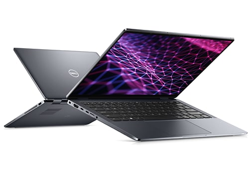 Imagen de dos laptops Dell Latitude 14 2 en 1 9430, una desde la parte frontal y otra desde la parte posterior, en la que se muestra el diseño del producto.