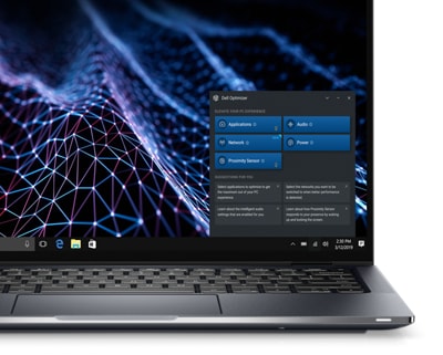Zdjęcie notebooka Dell Latitude 14 9430 2 w 1 z narzędziem Dell Optimizer widocznym po prawej stronie ekranu.
