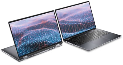 Kuva kahdesta kannettavasta Dell Latitude 14 2-in-1 9430 -tietokoneesta vierekkäin, yksi avattu tabletiksi ja toinen kannettavaksi tietokoneeksi.