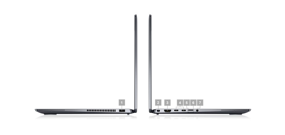 Kuva kahdesta kannettavasta Dell Latitude 14 2-in-1 9430 -tietokoneesta sivuttain, numerot 1–7 osoittavat tuotteen portit.