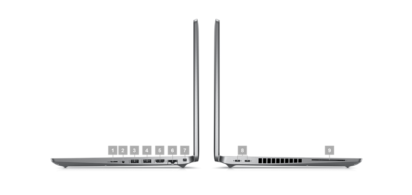 Kuva kahdesta kannettavasta Dell Latitude 15 5530 -tietokoneesta sivuttain, numerot 1–9 osoittavat tuotteen portteja.