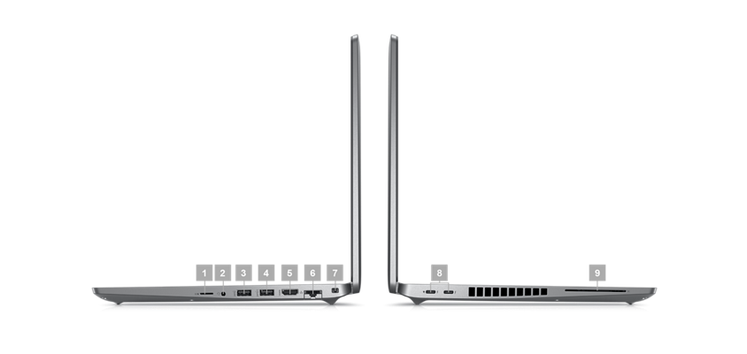 Picture of two Dell Latitude 15 5530 Laptops placed sideways with numbers from 1 to 9 signaling the product ports. 