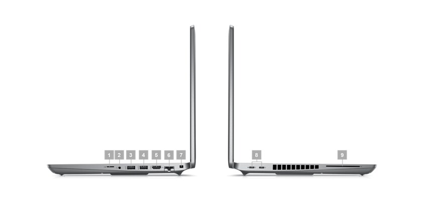 Kép két, egymás mellett elhelyezett Dell Latitude 15 5531 laptopról a csatlakozóikat jelző, 1 és 9 közötti számokkal.