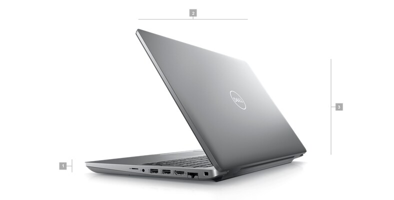 Kép egy Dell Latitude 15 5531 laptopról, amelynek a hátulja látszik, és amelyen 1-től 3-ig terjedő számok jelzik a termék méreteit és tömegét.