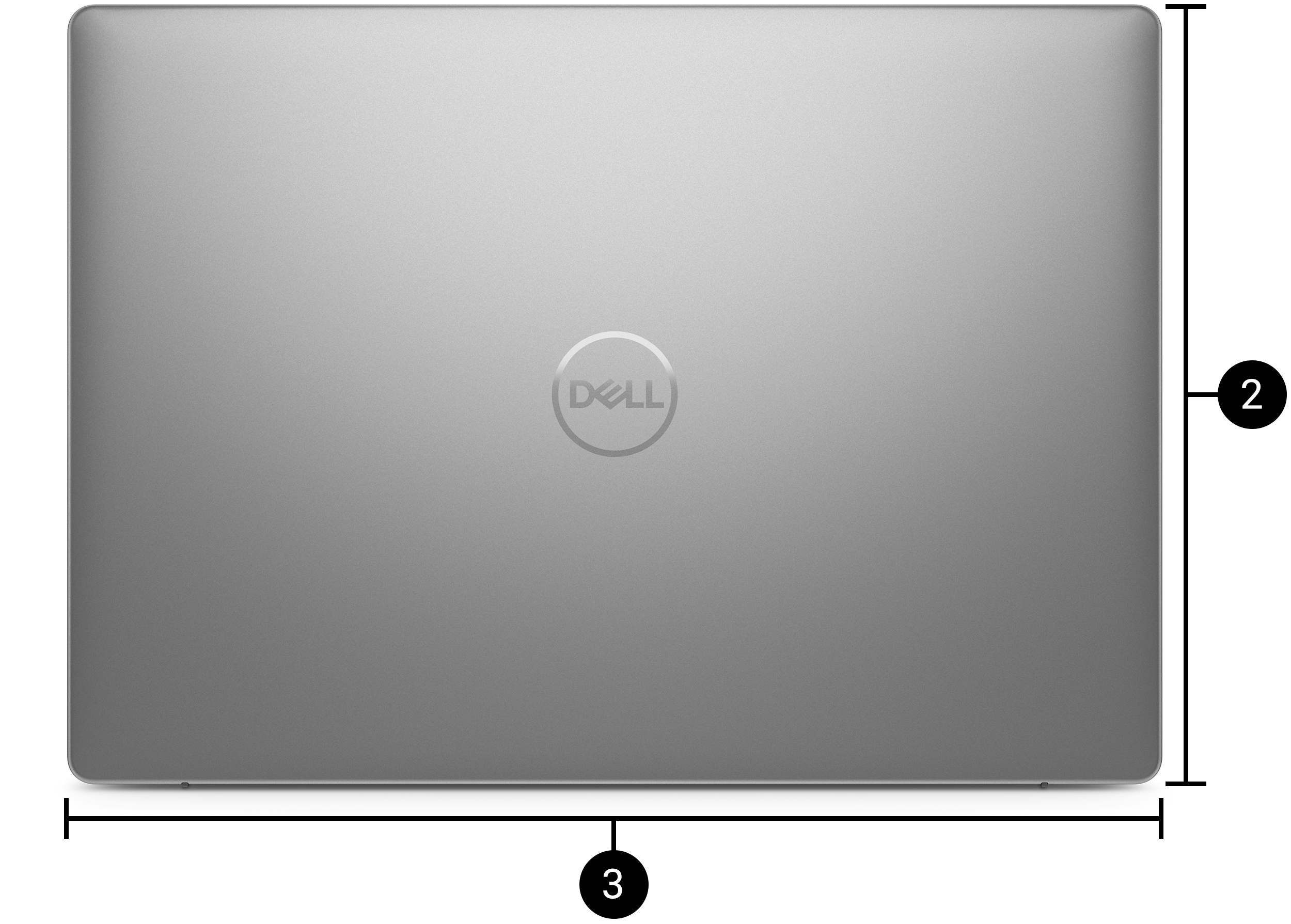 A closed Latitude 5455 laptop with labels notating height (label 1), length (label 2) and width (label 3)