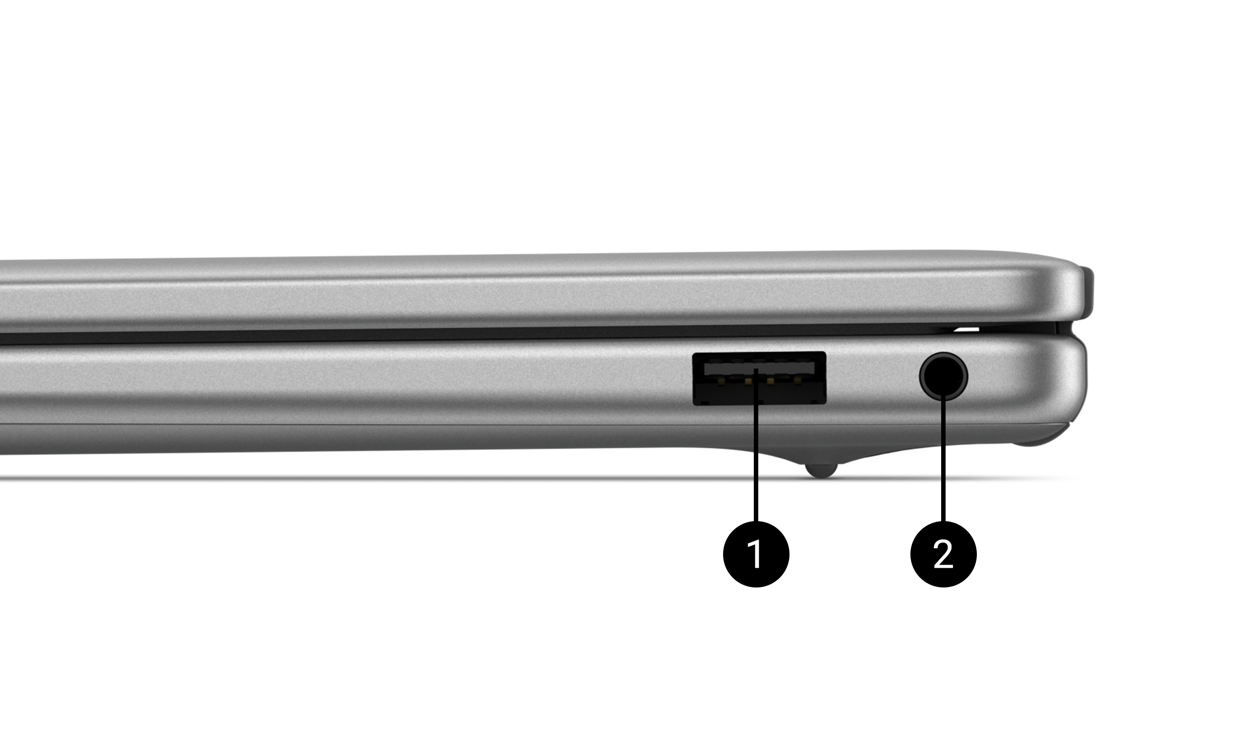 The sides of a Latitude 5455 laptop, showing off the ports. The left side includes labels one, two and three. The right side includes the fourth and fifth port labels.