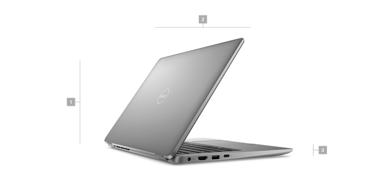 Dell Latitude 13 3340 2-in-1 Laptop with numbers from 1 to 3 showing the product dimensions and weight.