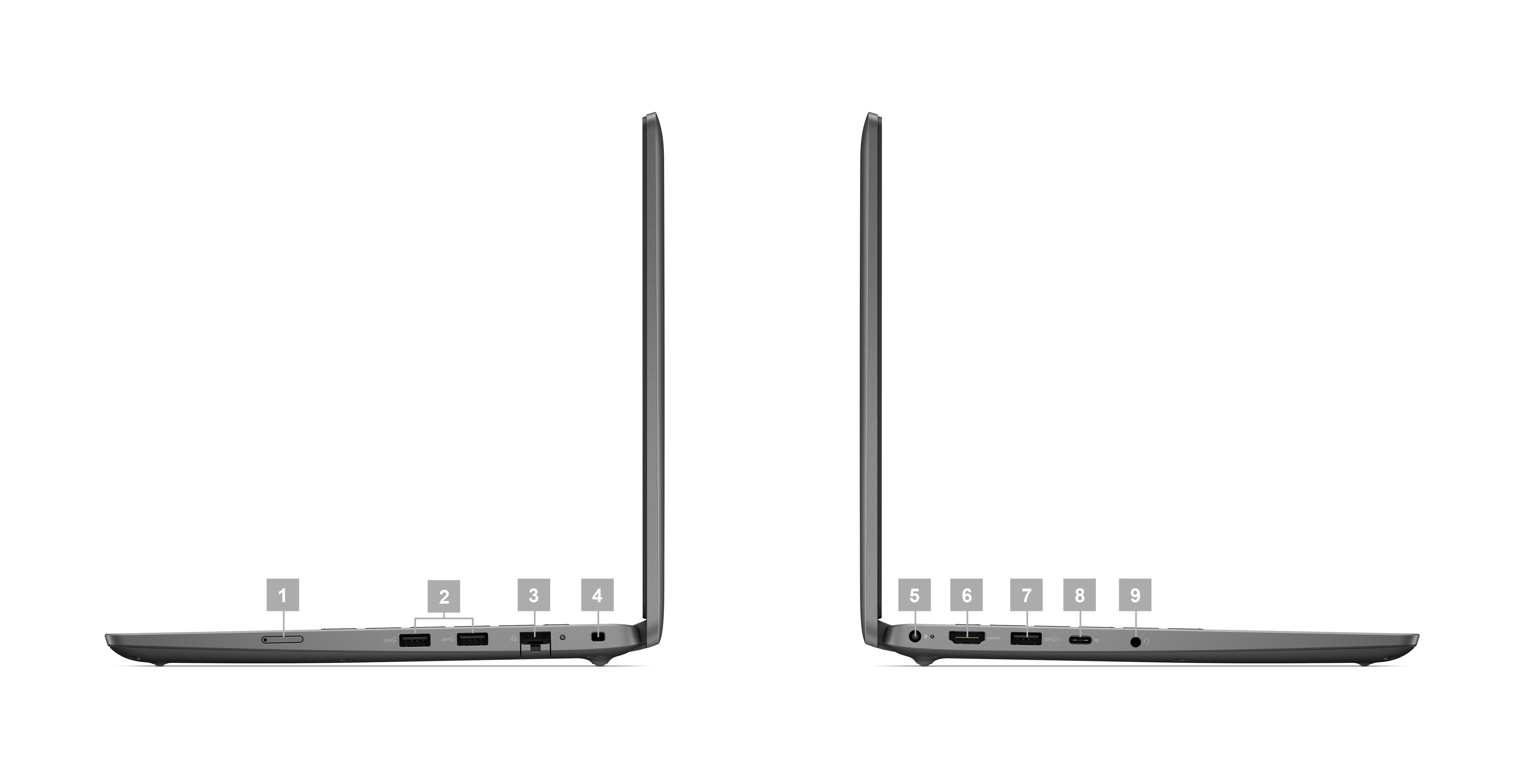 Dell Latitude 3440-Laptop mit Ziffern von 1 bis 9, die die Anschlüsse und Steckplätze am Produkt kennzeichnen.