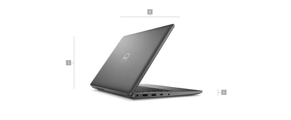Dell Latitude 14 3440 Laptop with numbers from 1 to 3 showing the product dimensions and weight.