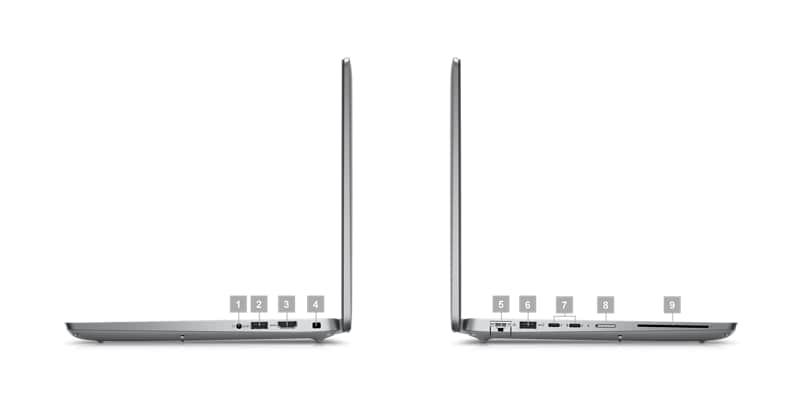 Dell Latitude 14 5440 Laptop with numbers from 1 to 9 showing the product ports and slots.