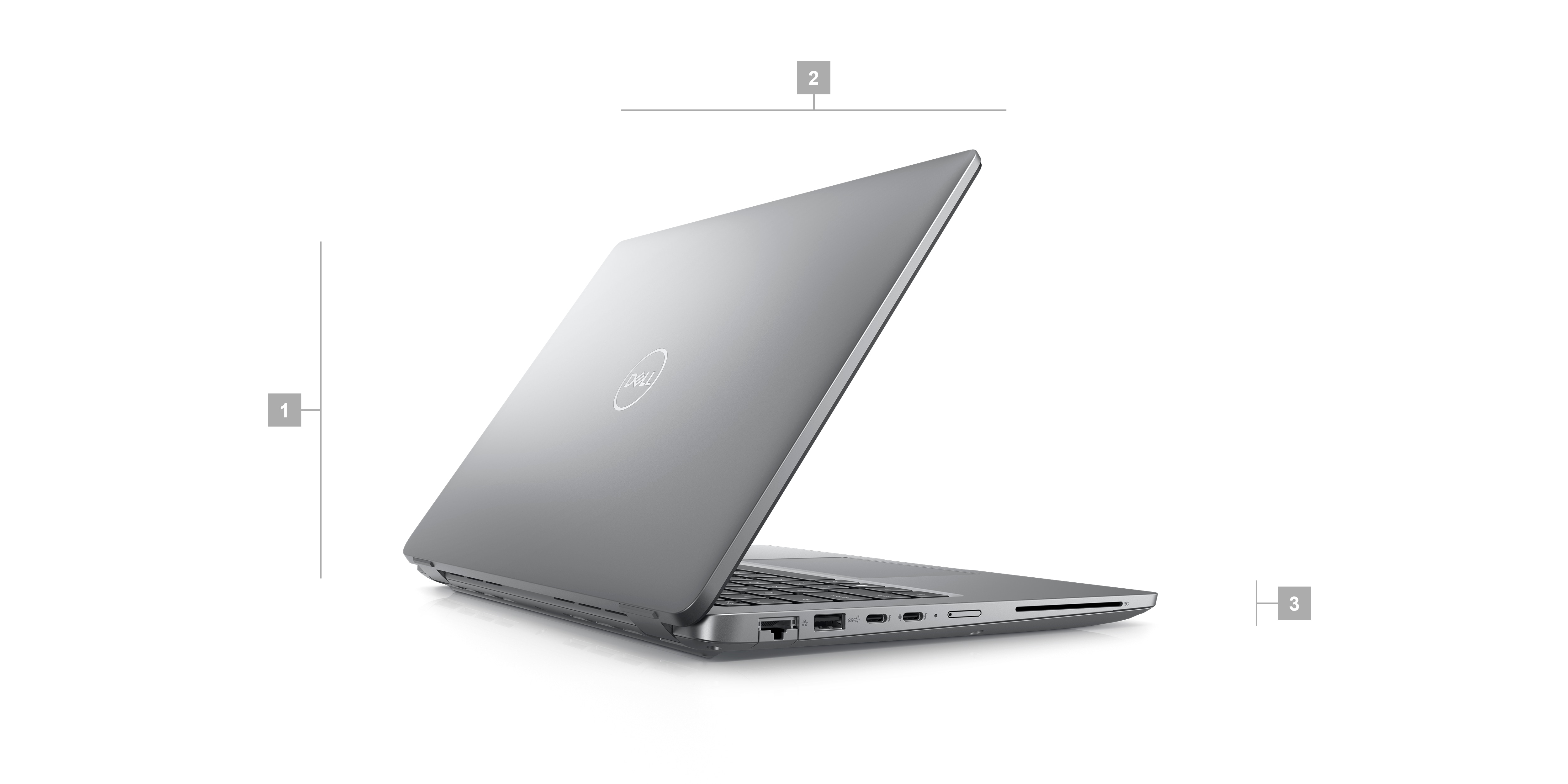 Dell Laptop mit Ziffern von 1 bis 3, die die Abmessungen und das Gewicht des Produkts kennzeichnen.
