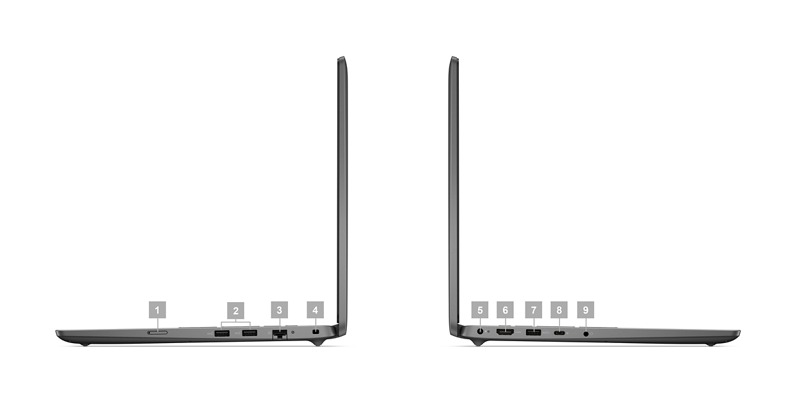 Dell Latitude 15 3540 Laptop with numbers from 1 to 9 showing the product ports and slots.