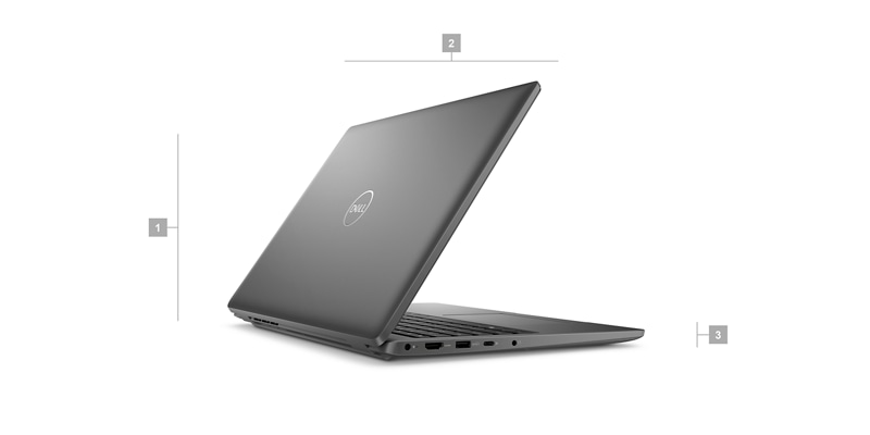 Computador Portátil Dell Latitude 15 3540 com números de 1 a 3 para mostrar as dimensões e o peso do produto.