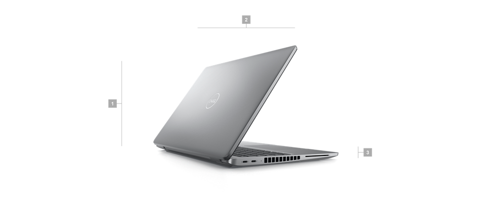 Dell Latitude 15 5540 Laptop with numbers from 1 to 3 showing the product dimensions and weight. 