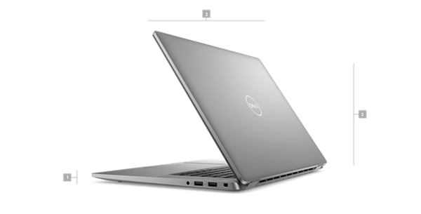 Dell Latitude 16 7640 Laptop with numbers from 1 to 3 showing the product dimensions and weight.