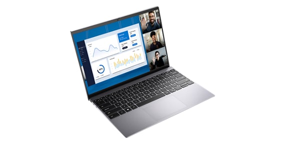 Picture of a Dell Vostro 13 5320 Laptop with three different people on a video meeting and a dashboard on the screen.