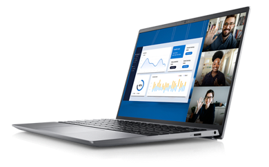 Imagem de um notebook Dell Vostro 13 5320 com três pessoas em uma reunião de vídeo e um painel de indicadores na tela.