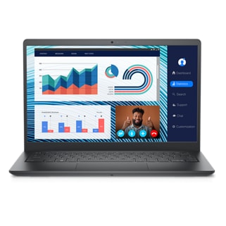 Picture of a Dell Vostro 14 3420 Laptop with a colorful background and a dashboard on the screen. 