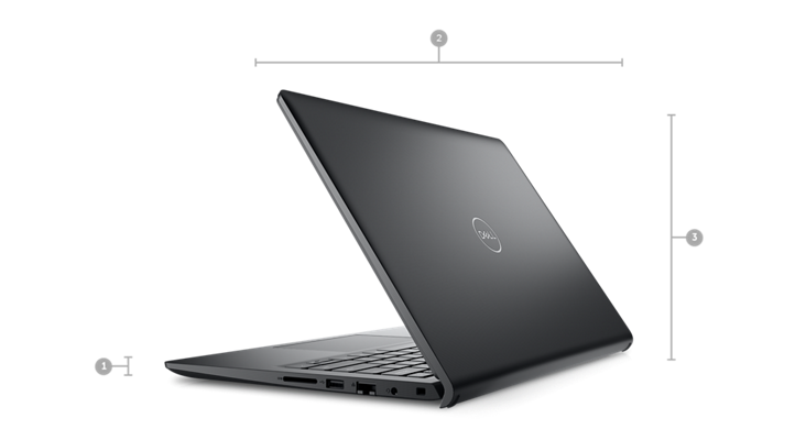 Zdjęcie notebooka Dell Vostro 14 3425 ustawionego tyłem z cyframi 1–3 oznaczającymi wymiary i wagę produktu.