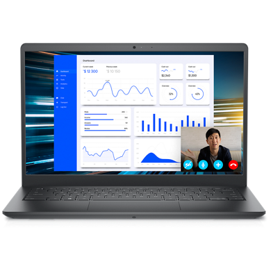 Bild eines Dell Vostro 14 3425 Laptops mit einem Mann in einem Video sowie einem Dashboard auf dem Bildschirm.