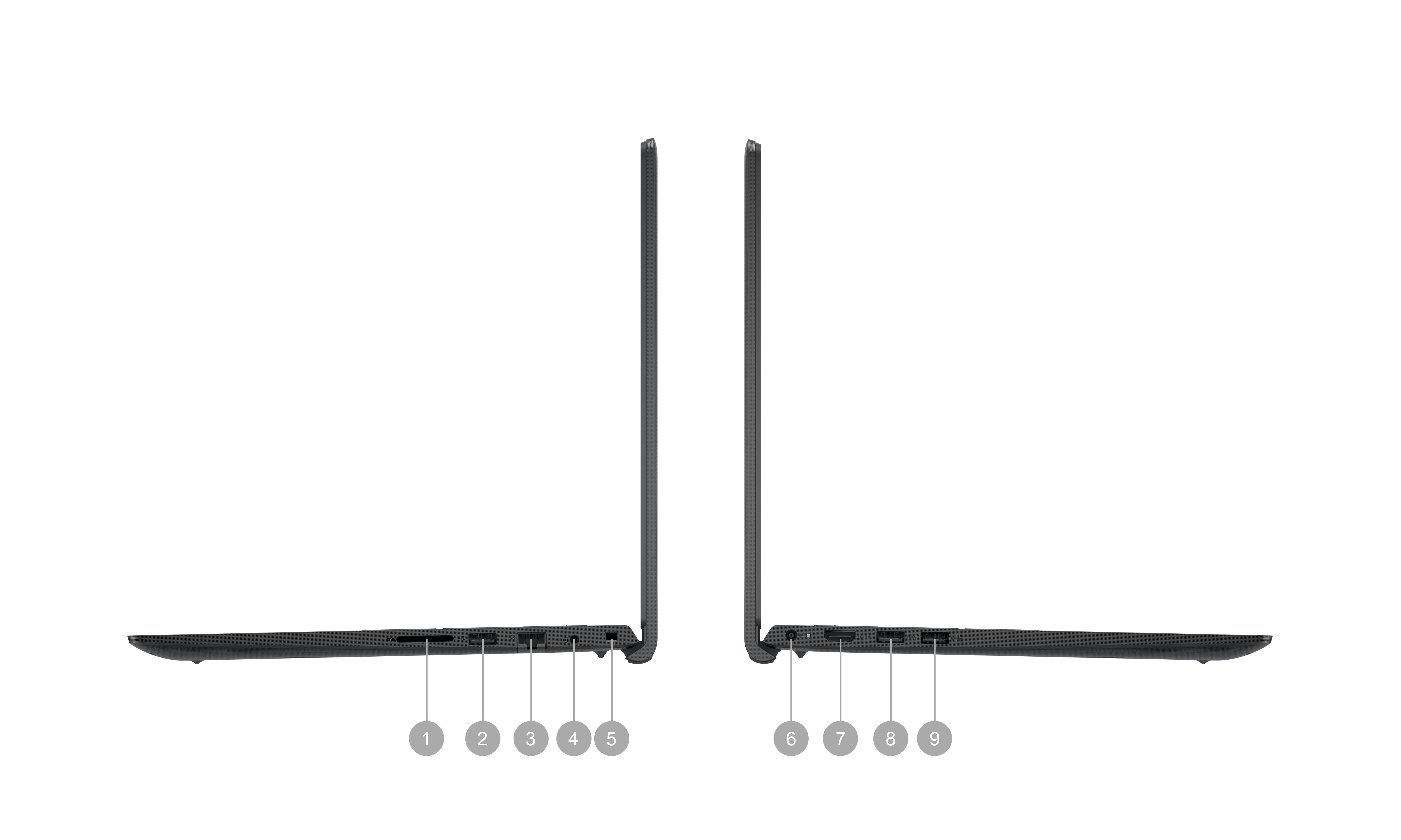 Picture of two Dell Vostro 15 3520 Laptops placed sideways with numbers from 1 to 9 signaling the product ports.