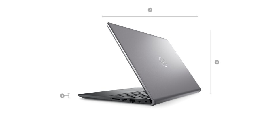 Picture of a Dell Vostro 3520 laptop with its back visible and numbers from 1 to 3 signaling product dimensions & weight.