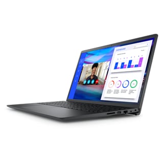 Picture of a Dell Vostro 15 3525 Laptop positioned diagonally with a smiley woman image on the screen. 