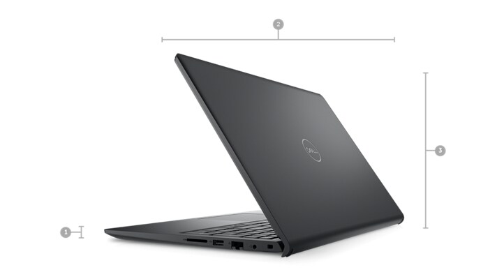 Zdjęcie notebooka Dell Vostro 3525 ustawionego tyłem z cyframi 1–3 oznaczającymi wymiary i wagę produktu.