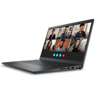 Picture of an opened Dell Vostro 15 3525 Laptop positioned diagonally with 6 people sharing their images on the screen. 