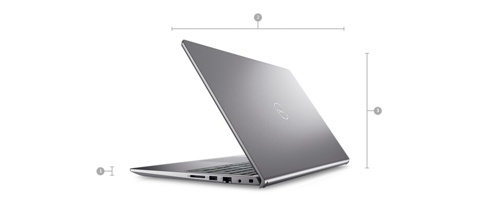 Dell Vostro 15 3530 Laptop with numbers from 1 to 3 showing the product dimensions and weight