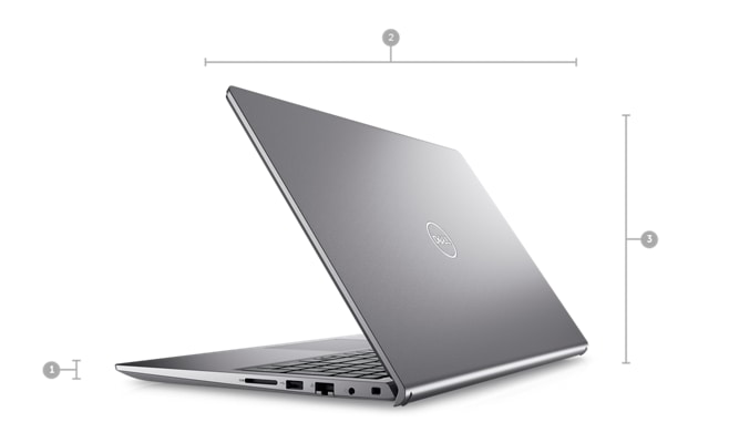Dell Vostro 15 3530 Laptop with numbers from 1 to 3 showing the product dimensions and weight