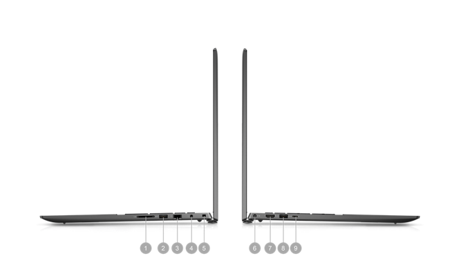 Picture of two Dell Vostro 5620 laptops placed sideways with numbers from 1 to 9 signaling the product ports.