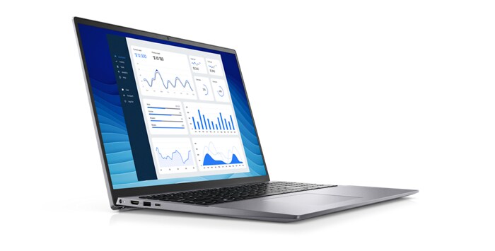 Photo d’un ordinateur portable Dell Vostro 16 5625 positionné en diagonale avec un arrière-plan bleu et un tableau de bord à l’écran.